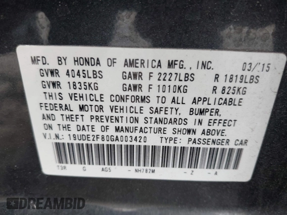 2016 Acura ILX w/Premium/A-SPEC Pkg with VIN 19UDE2F80GA003420, listed as a IAAI auction lot 42023333 with 155,568 mi miles. Bid and sale history available at carsss.com. Image 9.