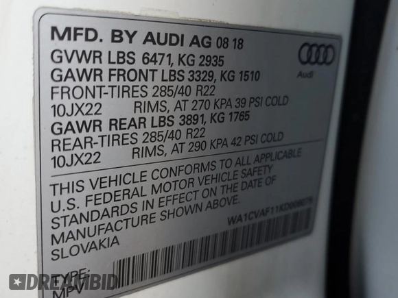 2019 Audi Q8 Prestige with VIN WA1CVAF11KD006075, listed as a Copart auction lot 67063844 with 142,069 mi miles and Clean Title. Bid and sale history available at carsss.com. Image 13.