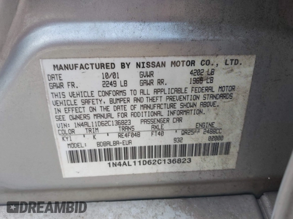2002 Nissan Altima S with VIN 1N4AL11D62C136823, listed as a IAAI auction lot 41625439 with 201,269 mi miles. Bid and sale history available at carsss.com. Image 9.