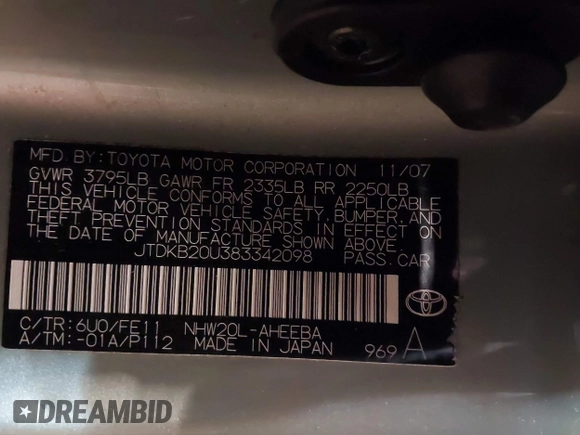 2008 Toyota Prius with VIN JTDKB20U383342098, listed as a IAAI auction lot 42021944 with 143,746 mi miles and . Bid and sale history available at DreamBid. Image 9.