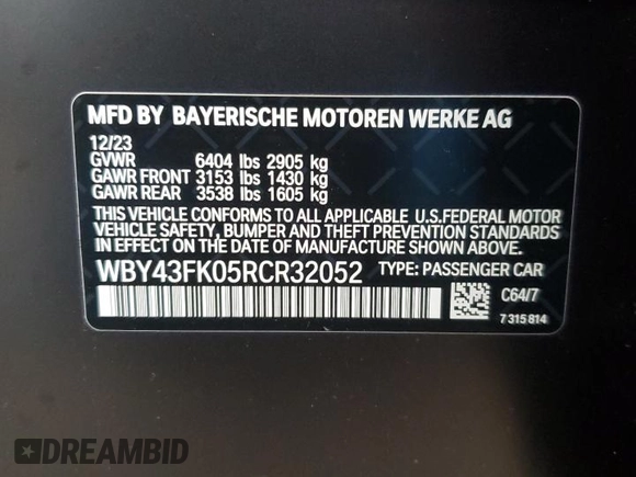 2024 BMW i5 M60 z VIN WBY43FK05RCR32052, wystawiony jako Copart lot #85559624 z przebiegiem 5 913 mil mil oraz Nie do naprawy • Non repairable. Historia ofert i sprzedaży dostępna na DreamBid. Obrazek 14.