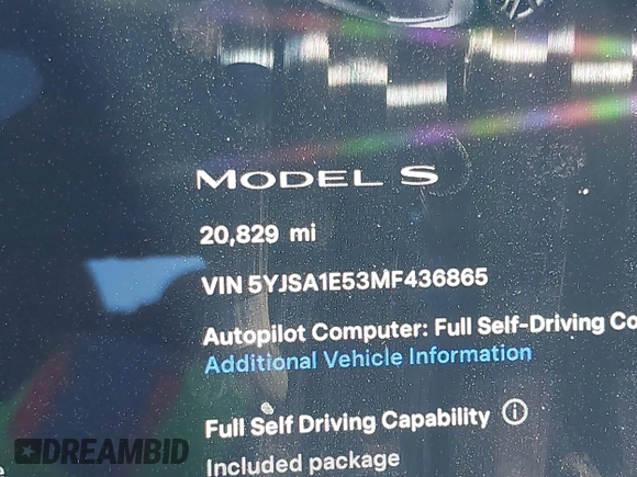 2021 Tesla Model S Long Range with VIN 5YJSA1E53MF436865, listed as a IAAI auction lot 41384837 with 20,829 mi miles and . Bid and sale history available at DreamBid. Image 14.