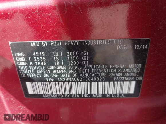2015 Subaru Legacy Premium with VIN 4S3BNAC62F3040023, listed as a IAAI auction lot 42390097 with 143,257 mi miles and . Bid and sale history available at DreamBid. Image 9.