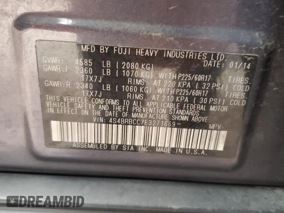 2014 Subaru Outback Premium with VIN 4S4BRBCC7E3271669, listed as a Copart auction lot 55240285 with 182,939 mi miles and Salvage Title. Bid and sale history available at DreamBid. Image 13.