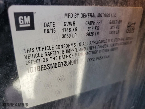 2016 Chevrolet Cruze LT with VIN 1G1BE5SM6G7284901, listed as a Copart auction lot 88597015 with 89,784 mi miles and Salvage Title. Bid and sale history available at carsss.com. Image 12.