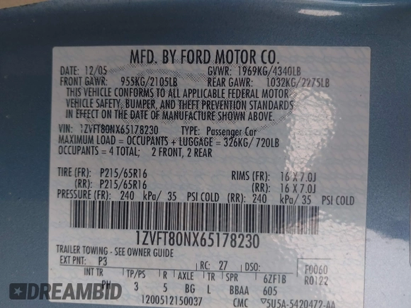 2006 Ford Mustang Standard with VIN 1ZVFT80NX65178230, listed as a IAAI auction lot 41835125 with 178,607 mi miles. Bid and sale history available at carsss.com. Image 9.