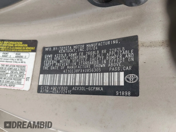 2004 Toyota Solara SE with VIN 4T1CE38PX4U856305, listed as a IAAI auction lot 42217468 with 251,903 mi miles and . Bid and sale history available at DreamBid. Image 9.