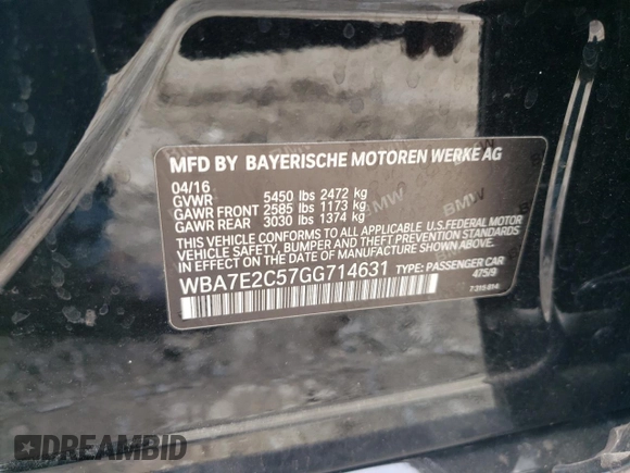 2016 BMW 7 Series 740i with VIN WBA7E2C57GG714631, listed as a Copart auction lot 67532853 with 83,230 mi miles. Bid and sale history available at carsss.com. Image 12.