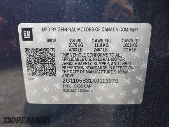 2019 Chevrolet Impala Premier with VIN 2G1105S31K9113675, listed as a IAAI auction lot 41953521 with 149,086 mi miles and . Bid and sale history available at DreamBid. Image 9.