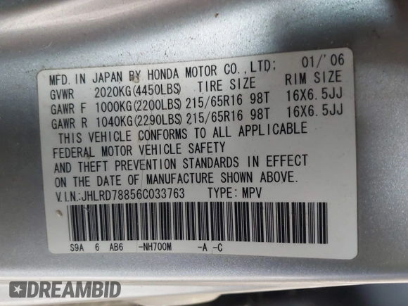 2006 Honda CR-V EX with VIN JHLRD78856C033763, listed as a IAAI auction lot 41715433 with 220,490 mi miles and . Bid and sale history available at carsss.com. Image 9.