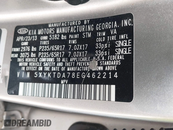 2014 Kia Sorento LX with VIN 5XYKTDA78EG462214, listed as a IAAI auction lot 41922799 with 147,872 mi miles. Bid and sale history available at carsss.com. Image 9.