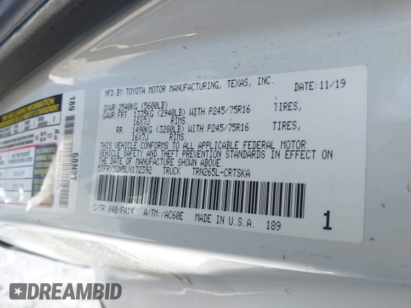 2020 Toyota Tacoma SR with VIN 5TFRX5GN5LX172392, listed as a IAAI auction lot 41615113 with 147,188 mi miles and . Bid and sale history available at DreamBid. Image 9.