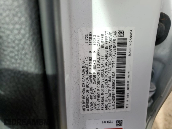 2024 Honda Civic Sedan Touring with VIN 2HGFE1F96RH316536, listed as a Copart auction lot 46878695 with 21,407 mi miles and Salvage Title. Bid and sale history available at carsss.com. Image 15.