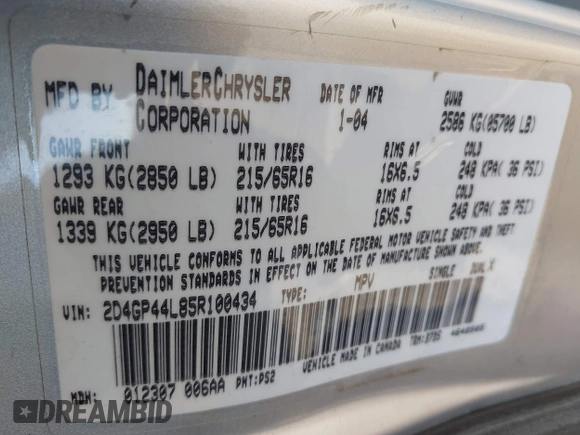 2005 Dodge Caravan SXT with VIN 2D4GP44L85R100434, listed as a IAAI auction lot 42099575 with 220,424 mi miles and . Bid and sale history available at DreamBid. Image 9.