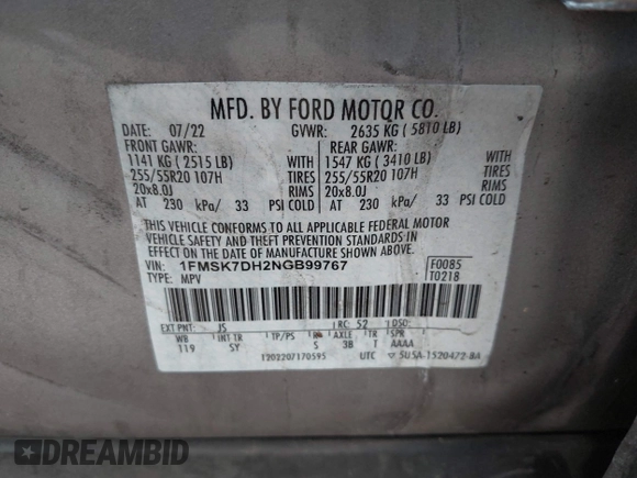 2022 Ford Explorer XLT z VIN 1FMSK7DH2NGB99767, wystawiony jako IAAI lot #41945162 z przebiegiem 59 383 mil mil oraz . Historia ofert i sprzedaży dostępna na DreamBid. Obrazek 9.