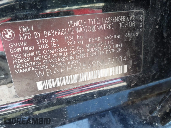 2009 BMW 3 Series 328i with VIN WBAPH57559NL77104, listed as a IAAI auction lot 41707276 with 146,170 mi miles and . Bid and sale history available at DreamBid. Image 9.