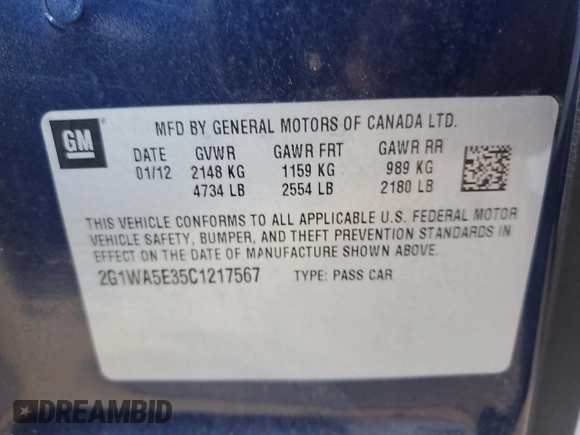 2012 Chevrolet Impala LS Retail with VIN 2G1WA5E35C1217567, listed as a Copart auction lot 57729315 with 129,346 mi miles and Salvage title. Bid and sale history available at DreamBid. Image 12.