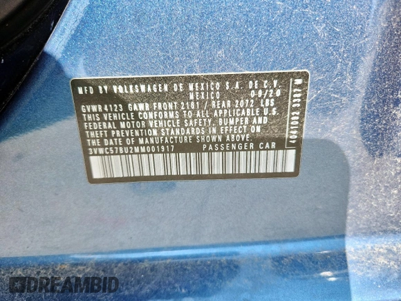 2021 Volkswagen Jetta S with VIN 3VWC57BU2MM001917, listed as a Copart auction lot 62169415 with 105,256 mi miles and Salvage title. Bid and sale history available at DreamBid. Image 12.