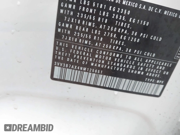 2022 Volkswagen Tiguan SE z VIN 3VV3B7AX4NM125651, wystawiony jako IAAI lot #42114490 z przebiegiem 67 628 mil mil oraz . Historia ofert i sprzedaży dostępna na DreamBid. Obrazek 9.