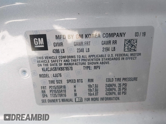 2019 Buick Encore Preferred with VIN KL4CJASB1KB878570, listed as a IAAI auction lot 41797551 with 82,160 mi miles and . Bid and sale history available at carsss.com. Image 9.