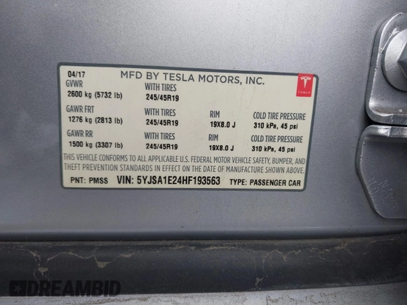 2017 Tesla Model S 100D with VIN 5YJSA1E24HF193563, listed as a IAAI auction lot 42120120 with 60,391 mi miles and . Bid and sale history available at DreamBid. Image 9.