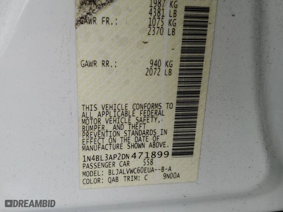2013 Nissan Altima 3.5 SL with VIN 1N4BL3AP2DN471899, listed as a Copart auction lot 47875645 with 117,839 mi miles and Salvage Title. Bid and sale history available at carsss.com. Image 15.