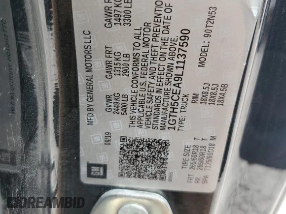 2020 GMC Canyon 2WD SLE with VIN 1GTH5CEA9L1137590, listed as a Copart auction lot 87305534 with 0 mi miles and Salvage Title. Bid and sale history available at carsss.com. Image 12.