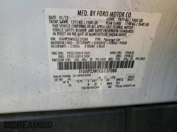 2012 Ford Taurus Limited with VIN 1FAHP2JW1CG137088, listed as a Copart auction lot 88427755 with 92,888 mi miles and Salvage title. Bid and sale history available at DreamBid. Image 14.