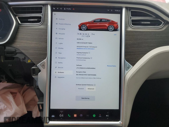 2015 Tesla Model S 85D with VIN 5YJSA1E23FF115854, listed as a Copart auction lot 48938485 with 96,596 mi miles and Salvage Title. Bid and sale history available at carsss.com. Image 9.