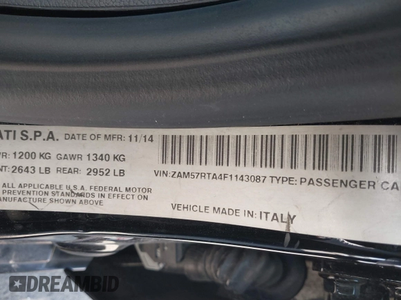 2015 Maserati Ghibli S Q4 z VIN ZAM57RTA4F1143087, wystawiony jako IAAI lot #42187824 z przebiegiem 65 384 mil mil oraz . Historia ofert i sprzedaży dostępna na DreamBid. Obrazek 9.
