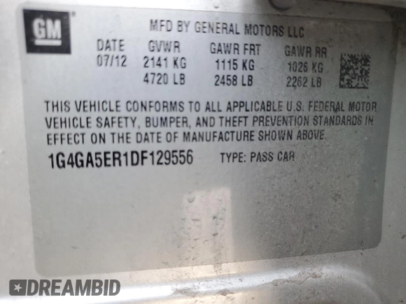 2013 Buick LaCrosse with VIN 1G4GA5ER1DF129556, listed as a Copart auction lot 53152795 with Not provided miles and Salvage title. Bid and sale history available at DreamBid. Image 12.