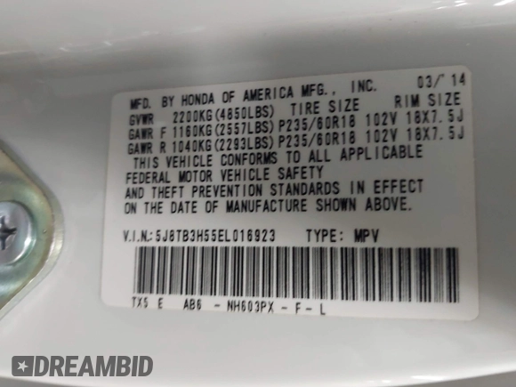 2014 Acura RDX Technology with VIN 5J8TB3H55EL016923, listed as a IAAI auction lot 42474670 with 40,896 mi miles and . Bid and sale history available at DreamBid. Image 9.