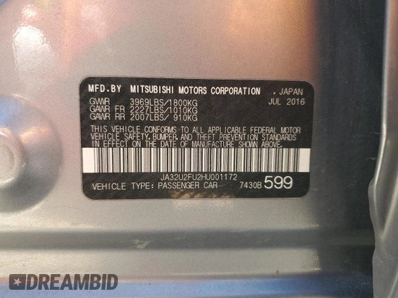 2017 Mitsubishi Lancer ES with VIN JA32U2FU2HU001172, listed as a Copart auction lot 69056794 with 124,450 mi miles and Salvage Title. Bid and sale history available at carsss.com. Image 12.