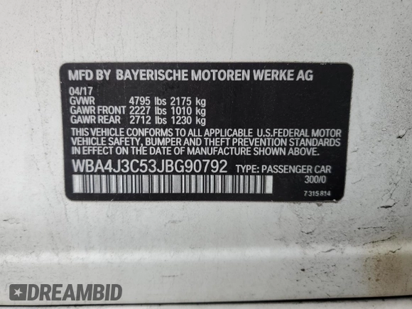2018 BMW 4 Series 430i xDrive with VIN WBA4J3C53JBG90792, listed as a Copart auction lot 52365525 with 107,238 mi miles and Salvage Title. Bid and sale history available at DreamBid. Image 14.
