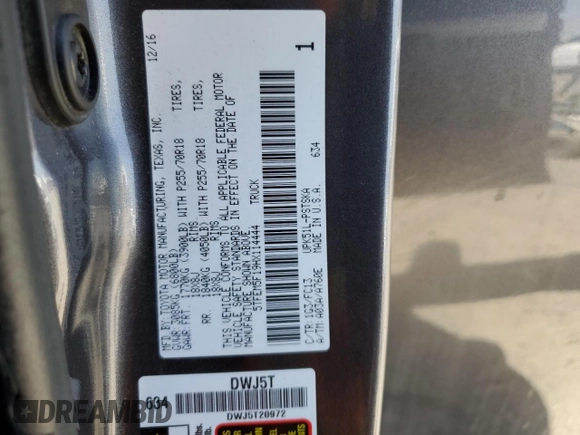 2017 Toyota Tundra SR5 with VIN 5TFEM5F19HX114444, listed as a Copart auction lot 61972665 with 103,231 mi miles and Salvage title. Bid and sale history available at DreamBid. Image 12.