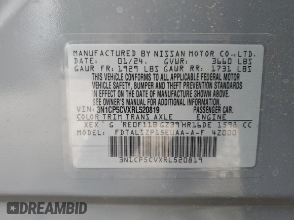 2024 Nissan Kicks SV with VIN 3N1CP5CVXRL520819, listed as a Copart auction lot 44169055 with 4,729 mi miles and Salvage Title. Bid and sale history available at DreamBid. Image 14.