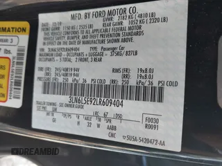 2020 Lincoln MKZ Reserve with VIN 3LN6L5E92LR609404, listed as a IAAI auction lot 42402524 with 44,271 mi miles and . Bid and sale history available at DreamBid. Image 9.
