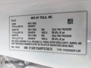 2023 Tesla Model 3 z VIN 5YJ3E1EA6PF570876, wystawiony jako IAAI lot #42366310 z przebiegiem 13 005 mil mil oraz . Historia ofert i sprzedaży dostępna na DreamBid. Obrazek 9.