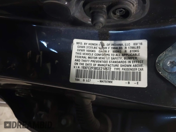 2016 Honda Civic Sedan LX with VIN 19XFC2F58GE214672, listed as a IAAI auction lot 42067792 with 73,929 mi miles. Bid and sale history available at carsss.com. Image 9.