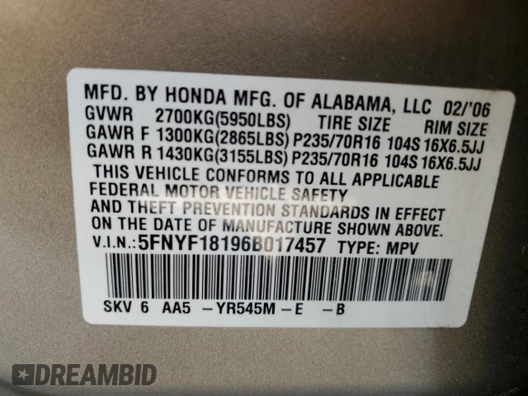 2006 Honda Pilot LX z VIN 5FNYF18196B017457, wystawiony jako Copart lot #53818945 z przebiegiem 148 041 mil mil oraz Szkoda całkowita • Salvage title. Historia ofert i sprzedaży dostępna na DreamBid. Obrazek 13.