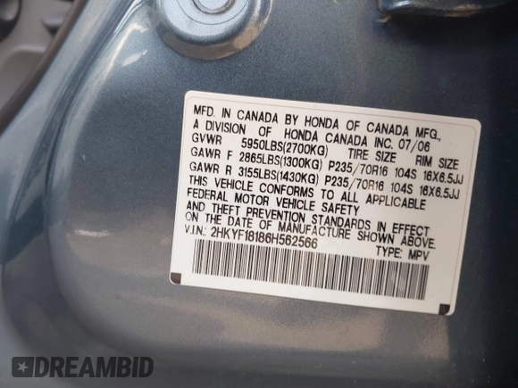 2006 Honda Pilot LX с VIN 2HKYF18186H562566, выставлен на аукционе IAAI как лот 42462874 с пробегом 191 197 миль миль и . История ставок и продаж доступна на DreamBid. Изображение 9.