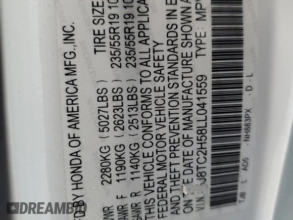 2020 Acura RDX Technology with VIN 5J8TC2H58LL041559, listed as a Copart auction lot 59469745 with 85,928 mi miles and Salvage title. Bid and sale history available at DreamBid. Image 13.