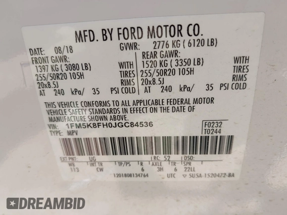 2018 Ford Explorer Limited с VIN 1FM5K8FH0JGC84536, выставлен на аукционе IAAI как лот 42394596 с пробегом 77 572 миль миль и . История ставок и продаж доступна на DreamBid. Изображение 9.