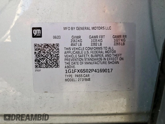 2023 Chevrolet Bolt EV 2LT with VIN 1G1FX6S02P4169017, listed as a Copart auction lot 59164215 with 20,508 mi miles and Salvage title. Bid and sale history available at DreamBid. Image 12.