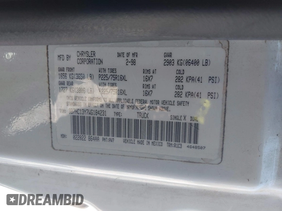 1998 Dodge 1500 with VIN 3B7HC13Y7WG184231, listed as a IAAI auction lot 41884714 with 136,079 mi miles and . Bid and sale history available at DreamBid. Image 9.