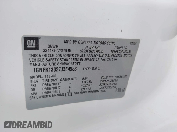 2007 Chevrolet Tahoe LT z VIN 1GNFK13027J364583, wystawiony jako IAAI lot #42313258 z przebiegiem 169 437 mil mil oraz . Historia ofert i sprzedaży dostępna na DreamBid. Obrazek 9.