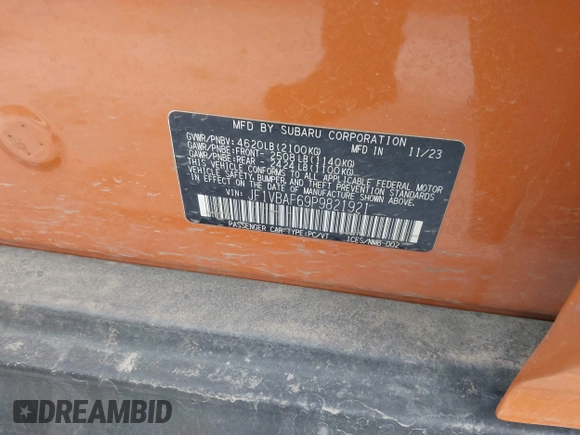 2023 Subaru WRX Premium с VIN JF1VBAF69P9821921, выставлен на аукционе IAAI как лот 41785835 с пробегом 6 433 миль миль и . История ставок и продаж доступна на DreamBid. Изображение 9.