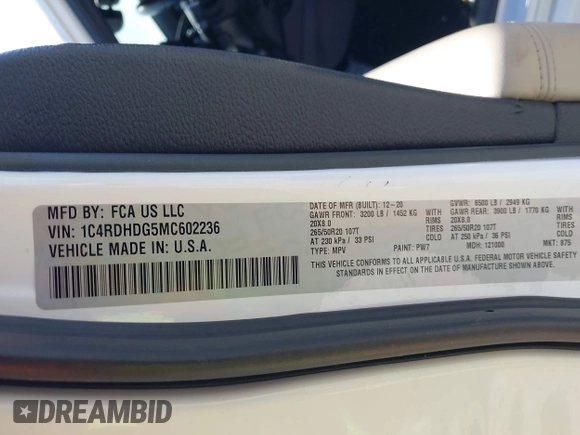 2021 Dodge Durango GT Plus with VIN 1C4RDHDG5MC602236, listed as a IAAI auction lot 42287588 with 130,122 mi miles and . Bid and sale history available at DreamBid. Image 9.