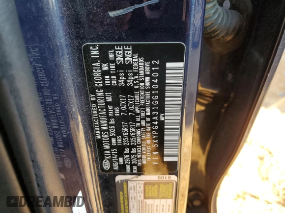 2016 Kia Sorento LX with VIN 5XYPG4A31GG104012, listed as a Copart auction lot 81828454 with 183,133 mi miles and Salvage Title. Bid and sale history available at carsss.com. Image 13.