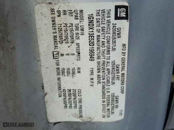 2002 Chevrolet Venture Warner Bros 1SE Pkg with VIN 1GNDX13E52D196949, listed as a Copart auction lot 87676605 with 150,627 mi miles and Salvage Title. Bid and sale history available at carsss.com. Image 13.